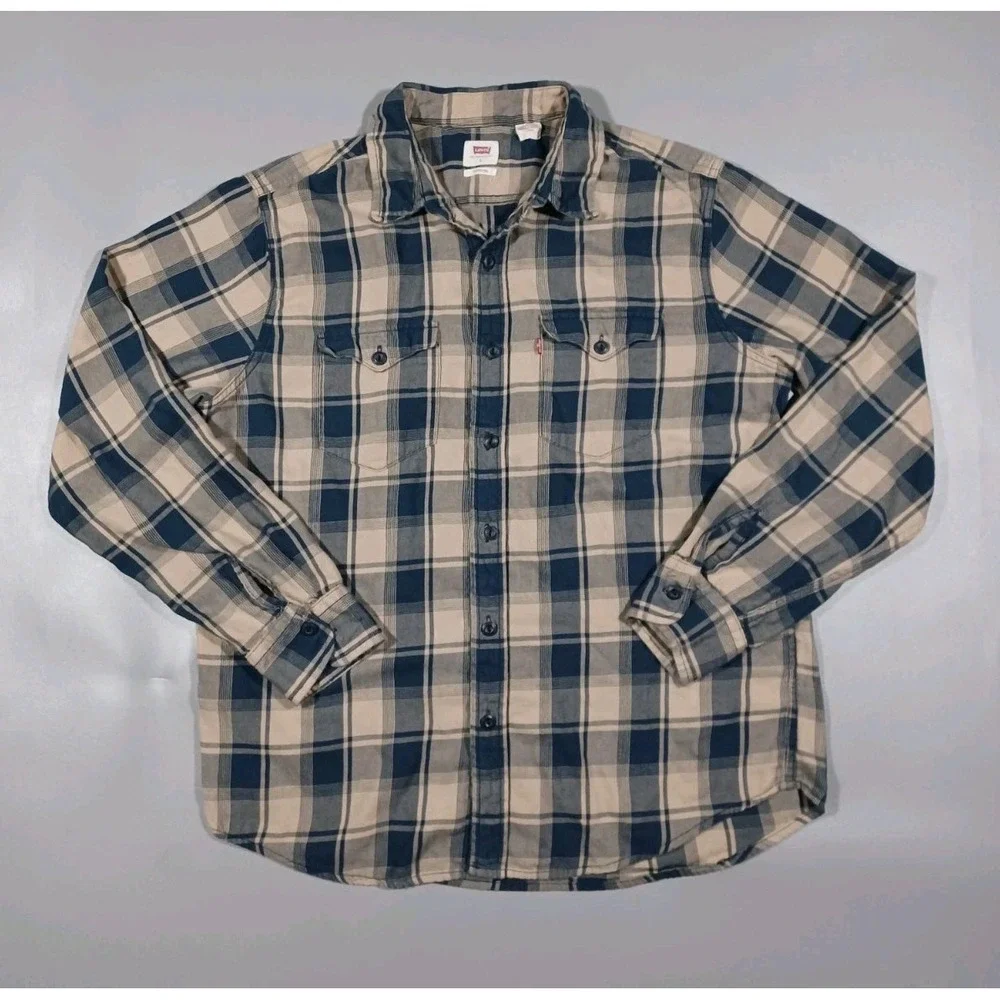Levis Shirt Mens L Blue Tan Plaid Button Up Long‎ Sleeve Standard Fit